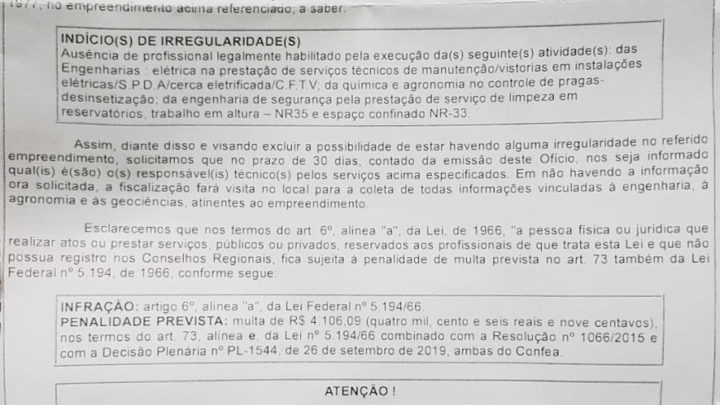 Ofício recebido do CREA sobre indícios de irregularidades